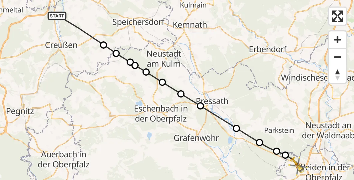 Flugroute Rettungshubschrauber Creußen - Weiden i.d.OPf., 11 April 2026, 11:10