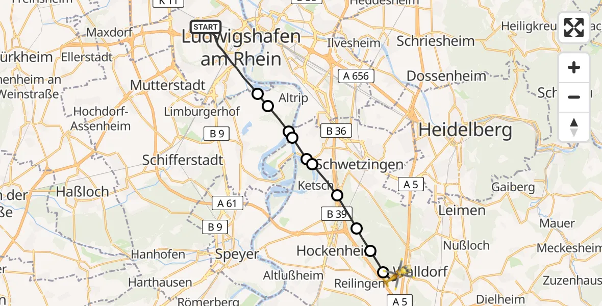 Flugroute Rettungshubschrauber Ludwigshafen am Rhein - Walldorf, 11 April 2026, 11:22