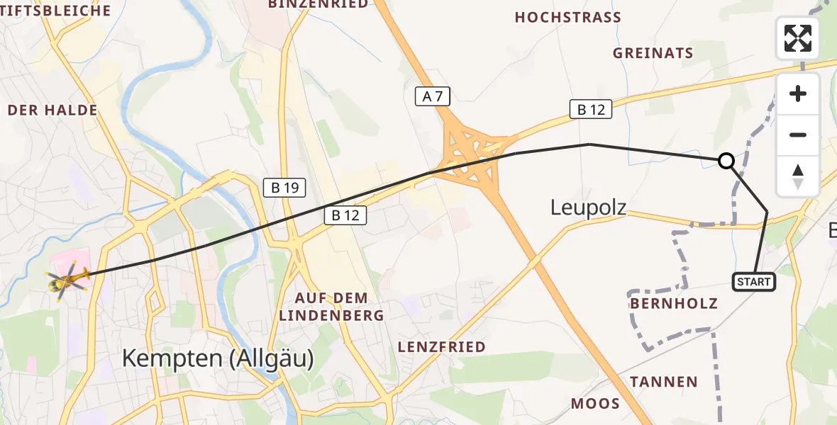 Flugroute Rettungshubschrauber Betzigau - Kempten (Allgäu), 11 April 2026, 11:22
