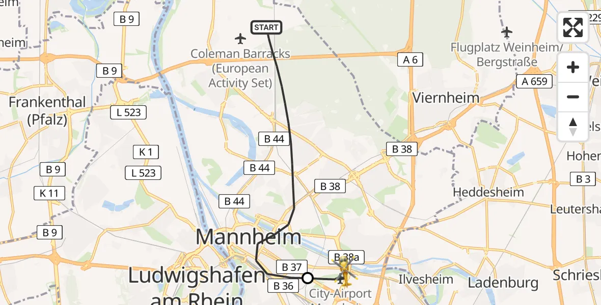 Flugroute Rettungshubschrauber Mannheim - Mannheim-City Flughafen, 11 April 2026, 11:37