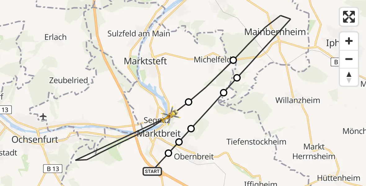 Flugroute Rettungshubschrauber Martinsheim - Marktbreit, 11 April 2026, 11:37
