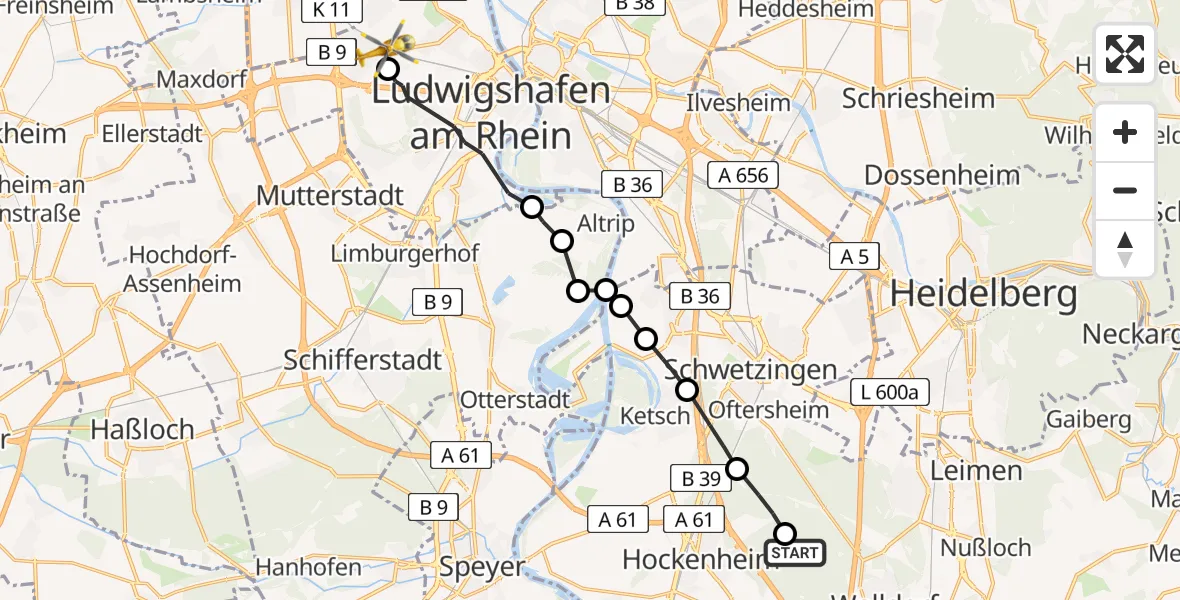 Flugroute Rettungshubschrauber Reilingen - Ludwigshafen am Rhein, 11 April 2026, 11:45