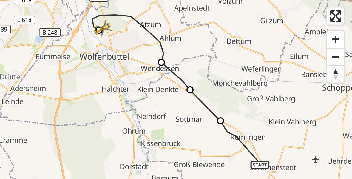 Flugroute Rettungshubschrauber Remlingen-Semmenstedt - Wolfenbüttel Municipal Hospital Heliport (Christoph 30), 11 April 2026, 11:49