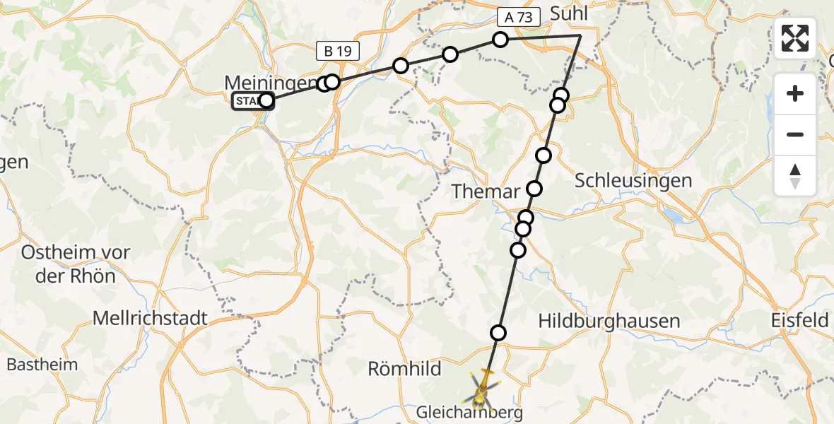 Flugroute Rettungshubschrauber Helios Clinic Meiningen - Römhild, 11 April 2026, 11:54