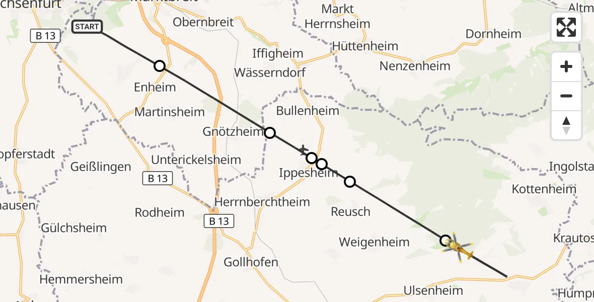Flugroute Rettungshubschrauber Marktbreit - Markt Nordheim, 11 April 2026, 12:01