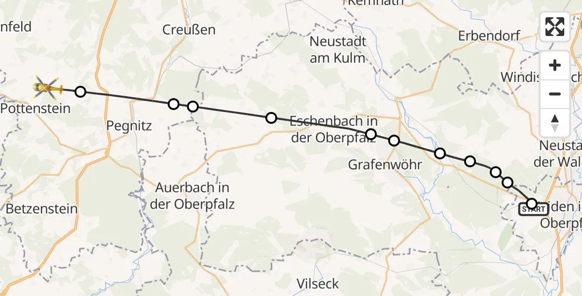 Flugroute Rettungshubschrauber Weiden in der Oberpfalz Flugplatz - Pottenstein, 11 April 2026, 12:08
