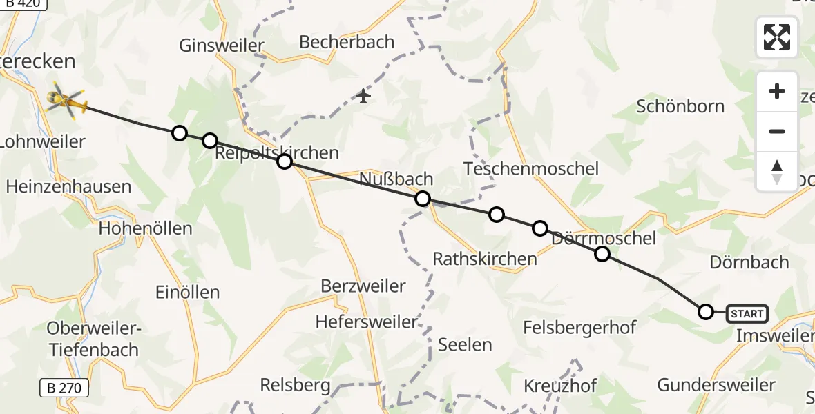 Flugroute Rettungshubschrauber Imsweiler UL - Lauterecken, 11 April 2026, 12:14