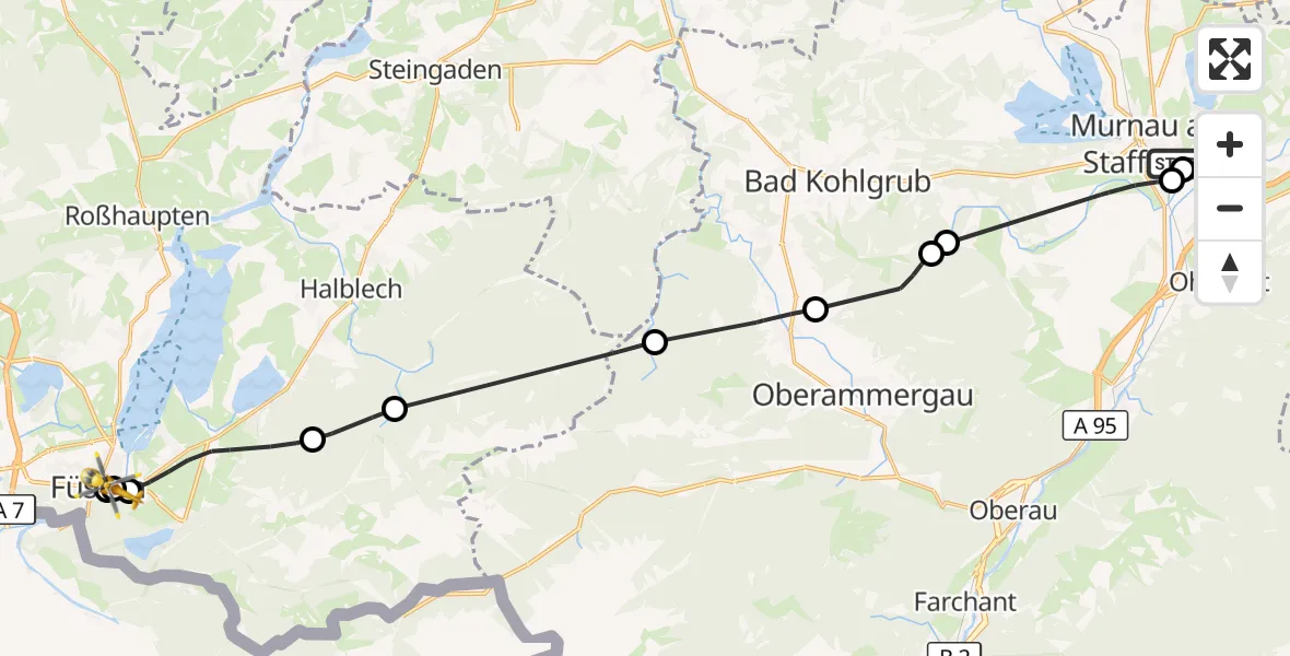 Flugroute Rettungshubschrauber Murnau Accident Hospital - Füssen, 11 April 2026, 12:17