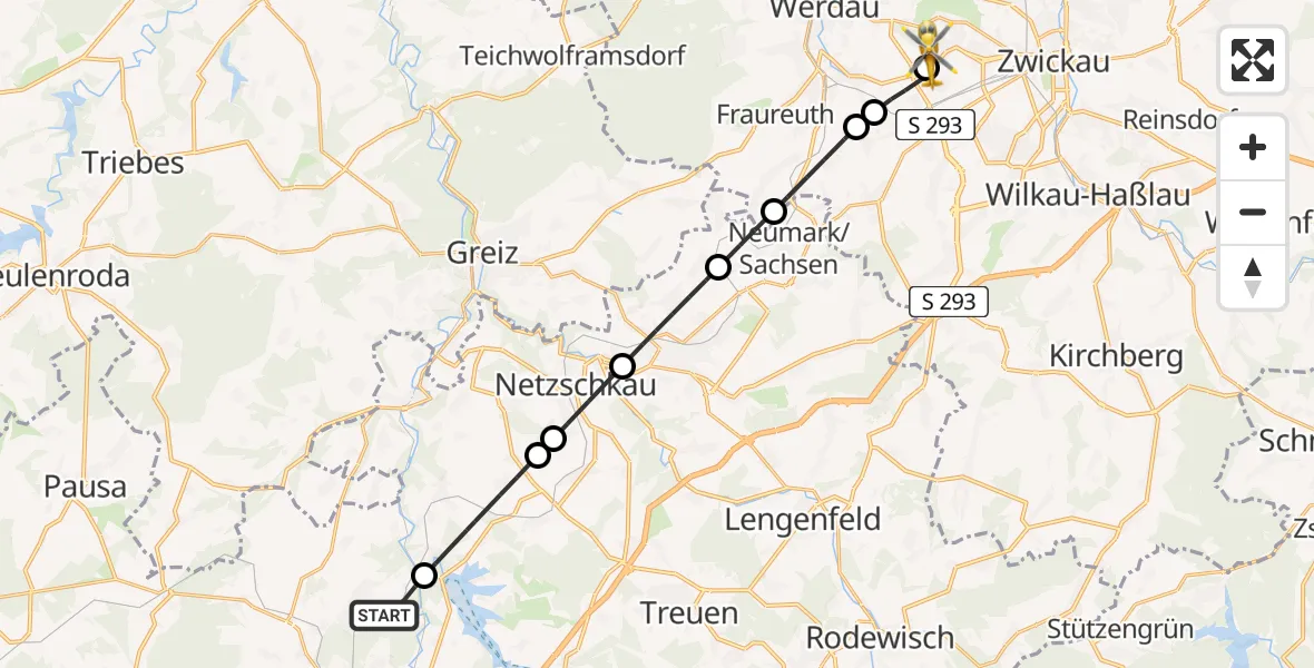 Flugroute Rettungshubschrauber Plauen - ADAC Air Rescue Station Zwickau Hubschrauberlandeplatz, 11 April 2026, 12:17