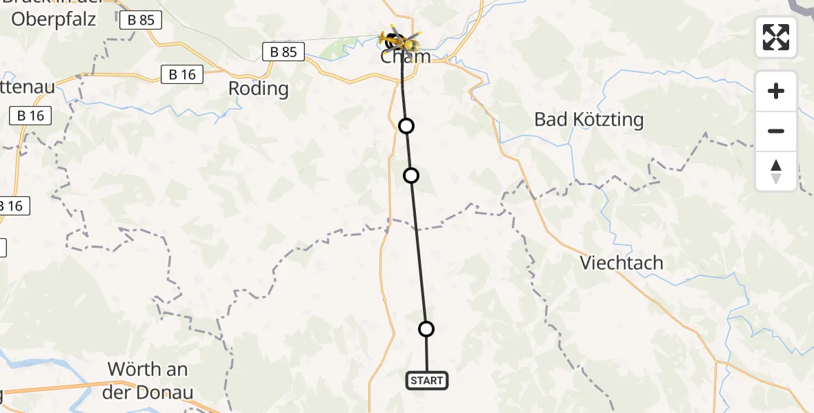Flugroute Rettungshubschrauber Haselbach - Cham Hospital, 11 April 2026, 12:18