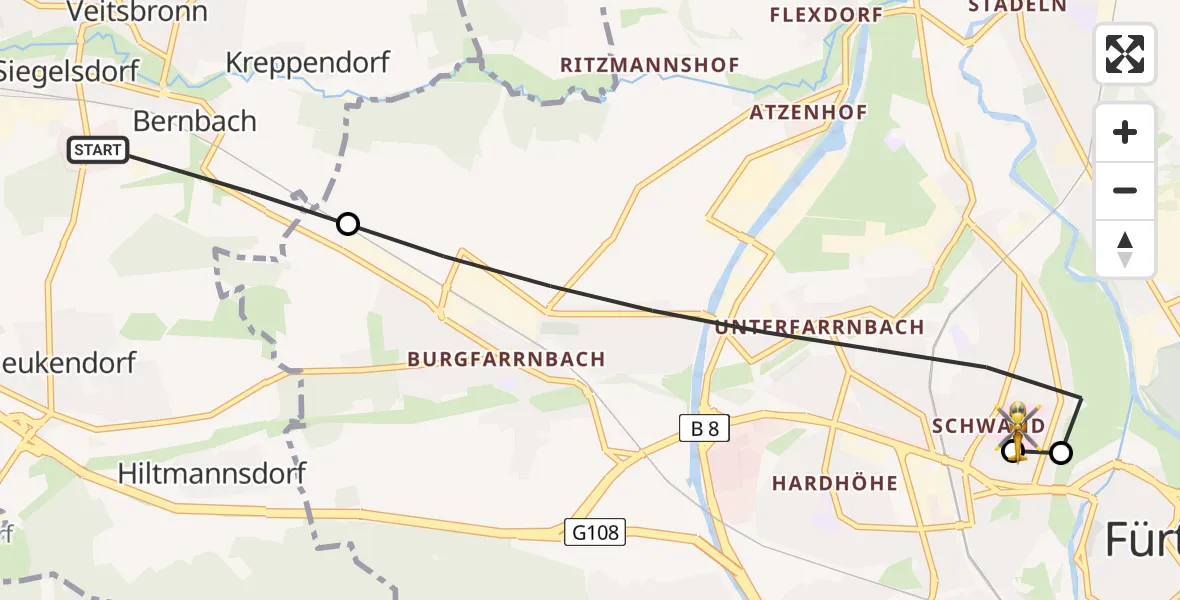 Flugroute Rettungshubschrauber Veitsbronn - Fürth Hospital, 11 April 2026, 12:19