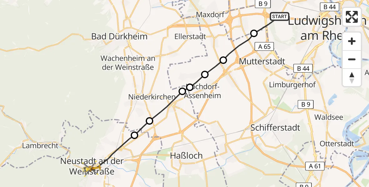 Flugroute Rettungshubschrauber Ludwigshafen am Rhein - Neustadt an der Weinstraße, 11 April 2026, 12:26