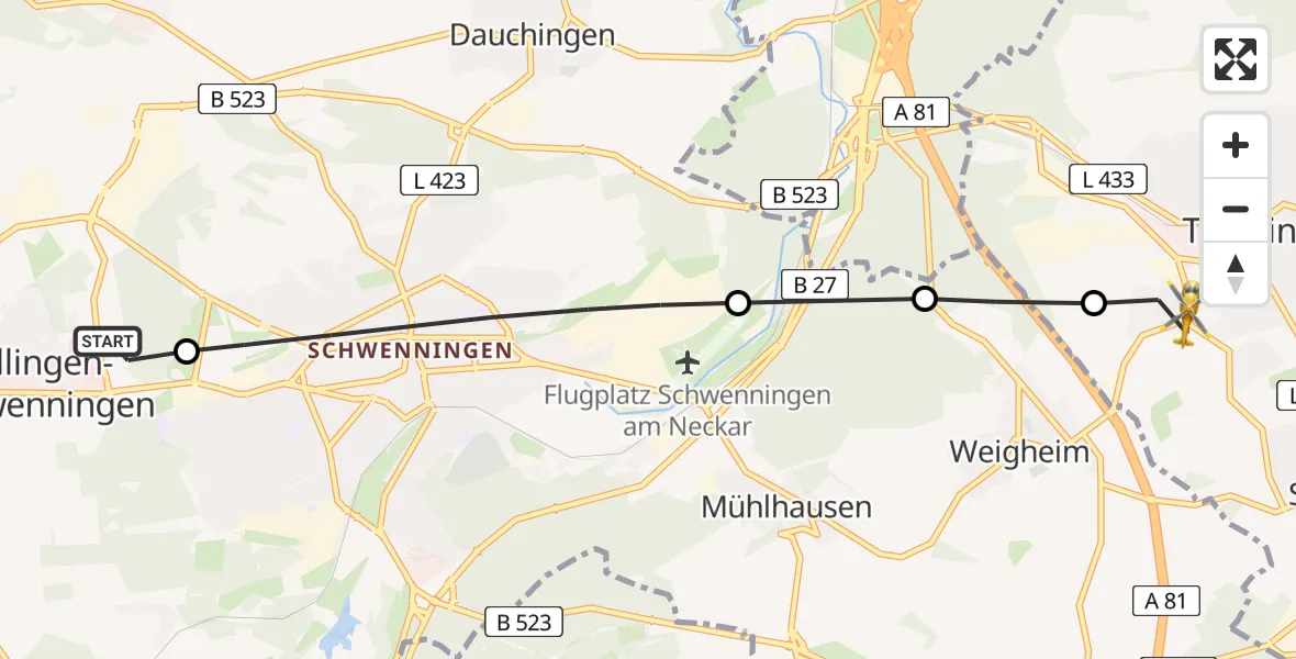 Flugroute Rettungshubschrauber DRF Air Rescue Station Villingen-Schwenningen Hubschrauberlandeplatz (Christoph 11) - Trossingen, 11 April 2026, 12:36