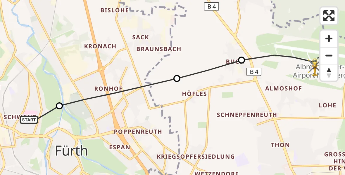 Flugroute Rettungshubschrauber Fürth Hospital - Flughafen Nuremberg, 11 April 2026, 12:37
