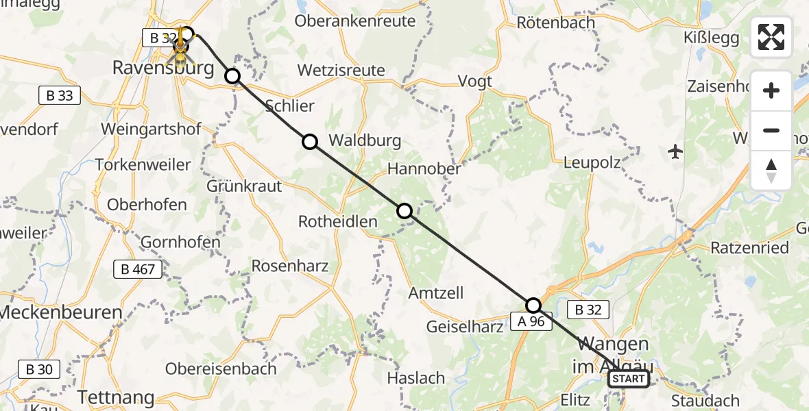 Flugroute Rettungshubschrauber Wangen im Allgäu - Sankt Elisabeth Hospital, 11 April 2026, 12:38