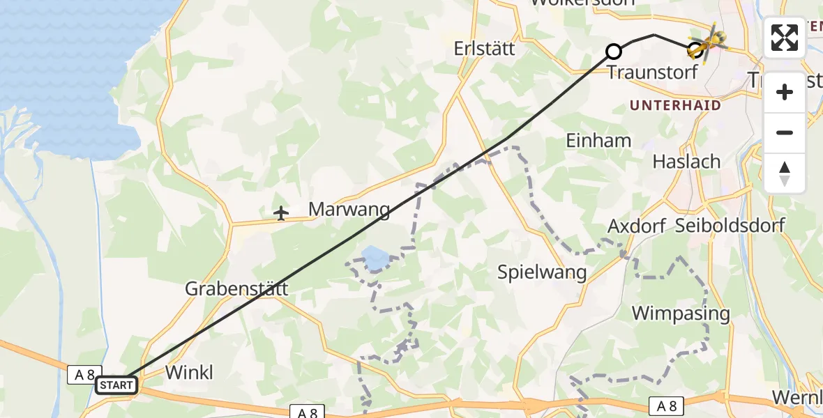 Flugroute Rettungshubschrauber Grabenstätt - Traunstein Hospital, 11 April 2026, 12:43