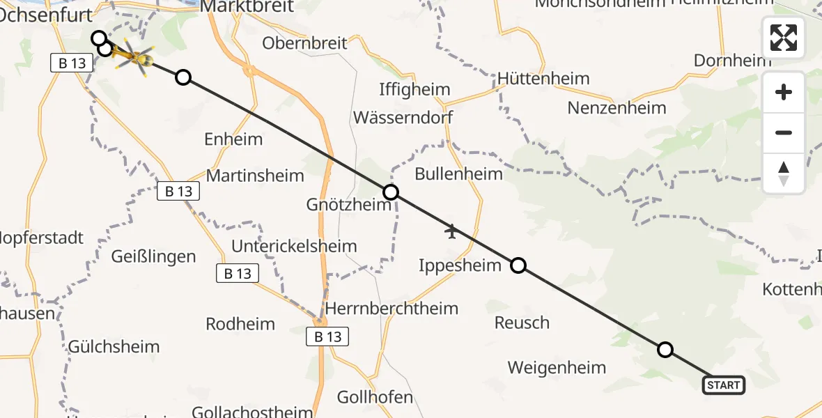Flugroute Rettungshubschrauber Markt Nordheim - Marktbreit, 11 April 2026, 12:45
