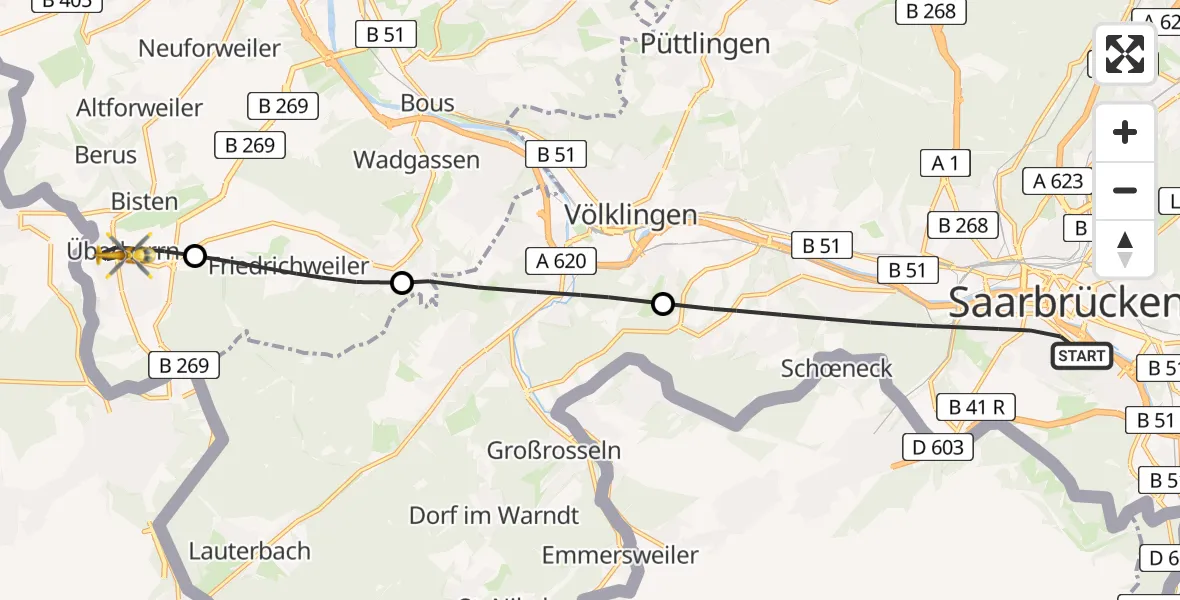Flugroute Rettungshubschrauber Saarbrücken - Überherrn, 11 April 2026, 12:47