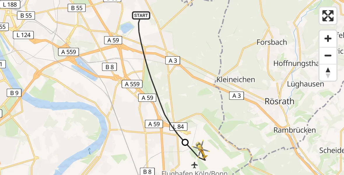 Flugroute Rettungshubschrauber Köln - Köln Bonn Flughafen, 11 April 2026, 12:55