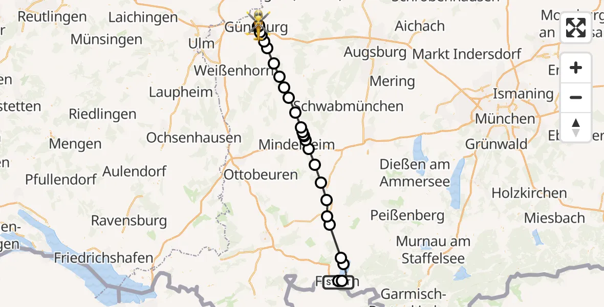 Flugroute Rettungshubschrauber Füssen - Günzburg Hospital, 11 April 2026, 12:59