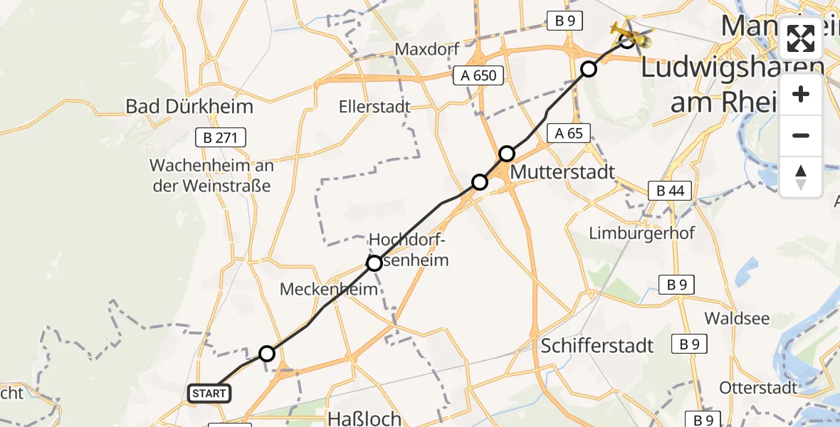 Flugroute Rettungshubschrauber Neustadt an der Weinstraße - Ludwigshafen Accident Hospital, 11 April 2026, 13:03