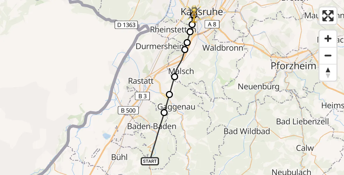Flugroute Rettungshubschrauber Baden-Baden - Sankt Vincentius Hospital, 11 April 2026, 13:09