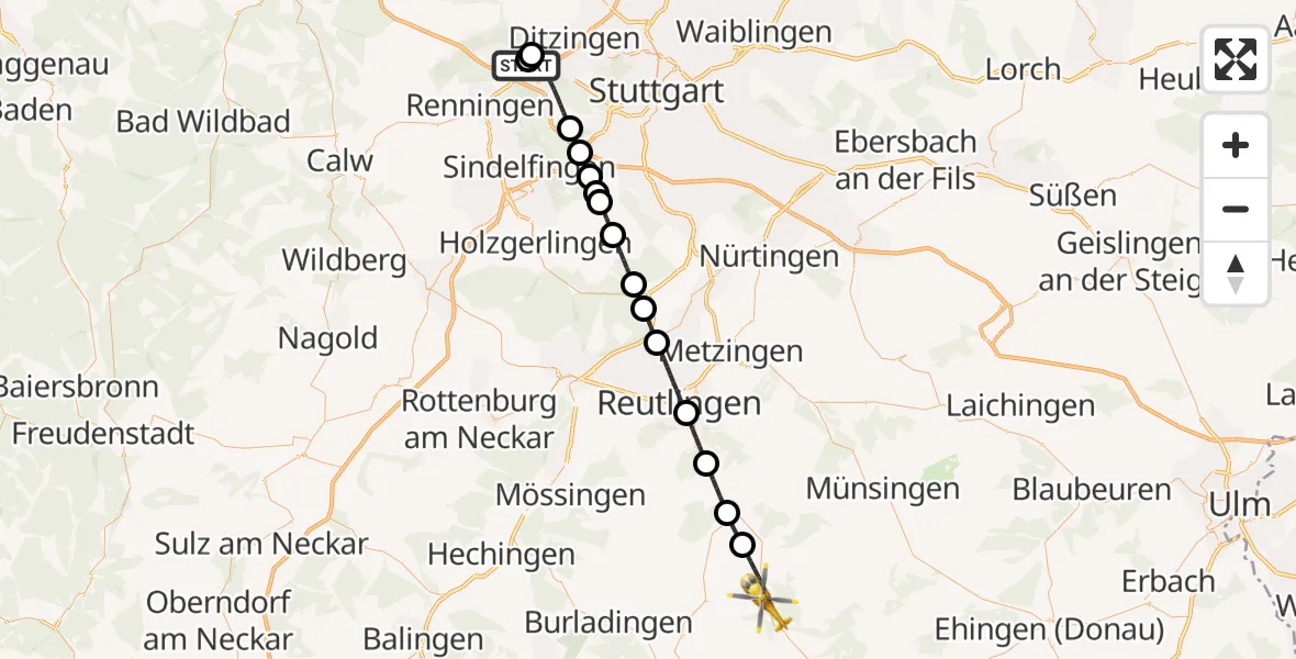 Flugroute Rettungshubschrauber Leonberg Hospital - Hohenstein, 11 April 2026, 13:09
