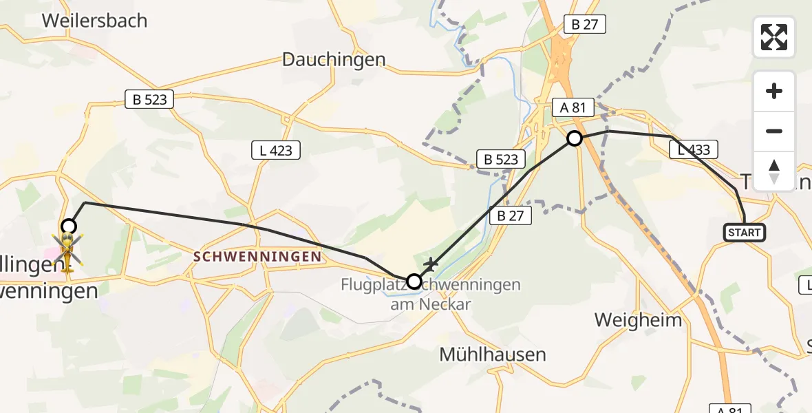 Flugroute Rettungshubschrauber Trossingen - DRF Air Rescue Station Villingen-Schwenningen Hubschrauberlandeplatz (Christoph 11), 11 April 2026, 13:15