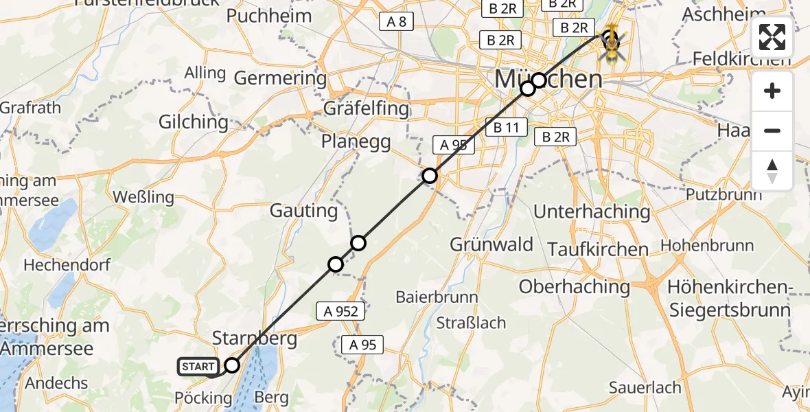 Flugroute Rettungshubschrauber Pöcking - München Bogenhausen Hospital, 11 April 2026, 13:17