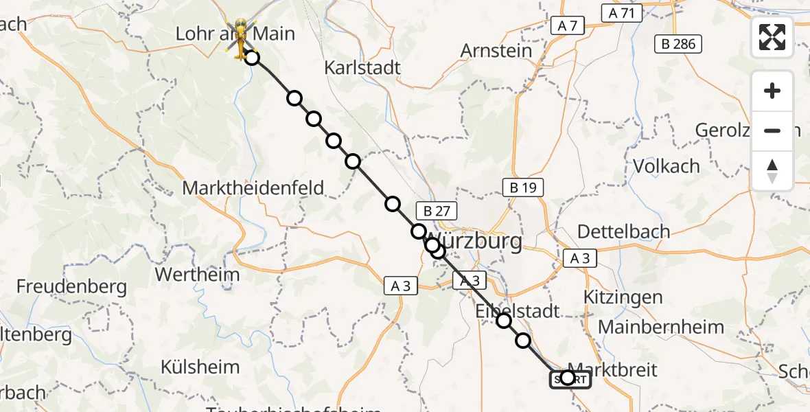 Flugroute Rettungshubschrauber Ochsenfurt Hospital - Lohr a.Main, 11 April 2026, 13:26