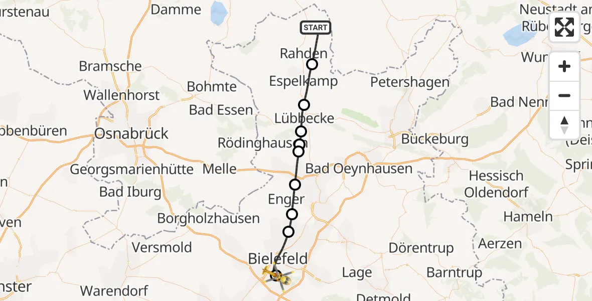 Flugroute Rettungshubschrauber Rahden - Luftrettungszentrum Bielefeld, 11 April 2026, 13:29