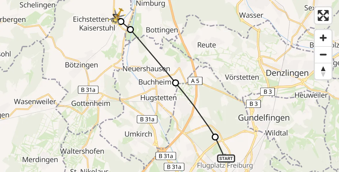 Flugroute Rettungshubschrauber Freiburg im Breisgau Flugplatz - Eichstetten am Kaiserstuhl, 11 April 2026, 13:35
