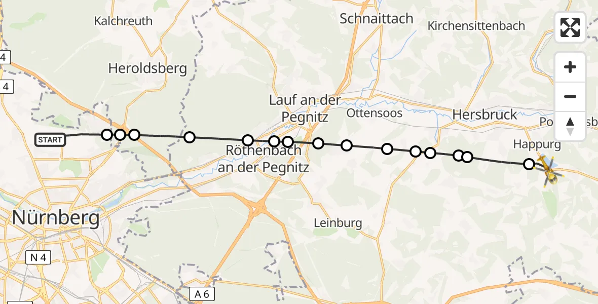 Flugroute Rettungshubschrauber Flughafen Nuremberg - Happurg, 11 April 2026, 13:40