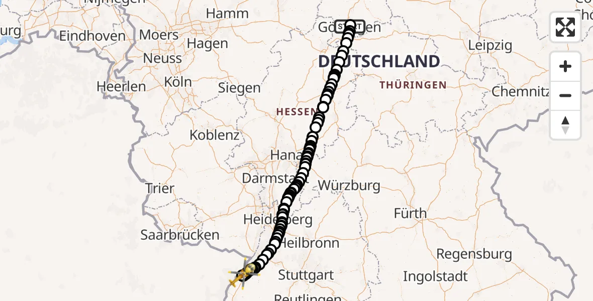 Flugroute Rettungshubschrauber Göttingen University Clinic Hubschrauberlandeplatz - Karlsruhe Baden-Baden Flughafen, 11 April 2026, 13:47