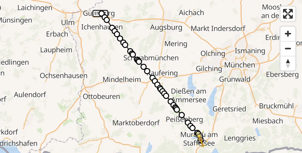 Flugroute Rettungshubschrauber Günzburg Hospital - Murnau Accident Hospital, 11 April 2026, 13:48