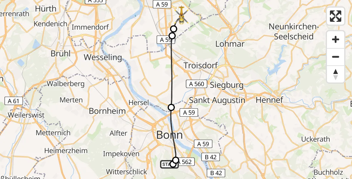 Flugroute Ambulanzhubschrauber Bonn University Hospital - Köln Bonn Flughafen, 11 April 2026, 13:49
