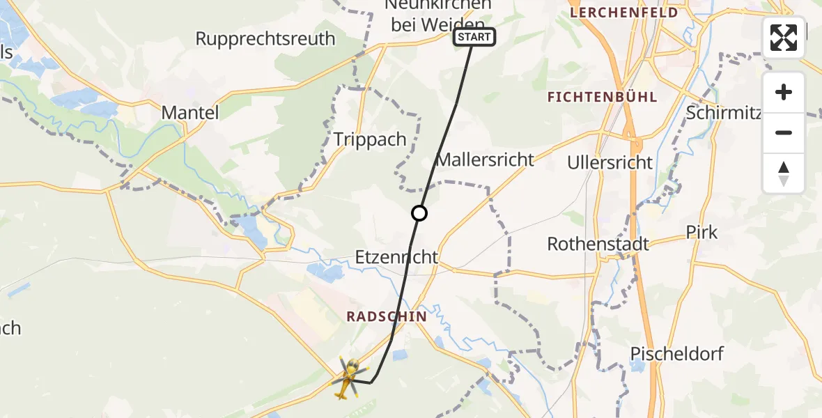 Flugroute Rettungshubschrauber Weiden i.d.OPf. - Etzenricht, 11 April 2026, 13:52