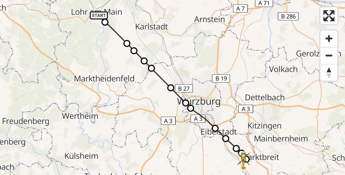Flugroute Rettungshubschrauber Lohr a.Main - Ochsenfurt Hospital, 11 April 2026, 14:04