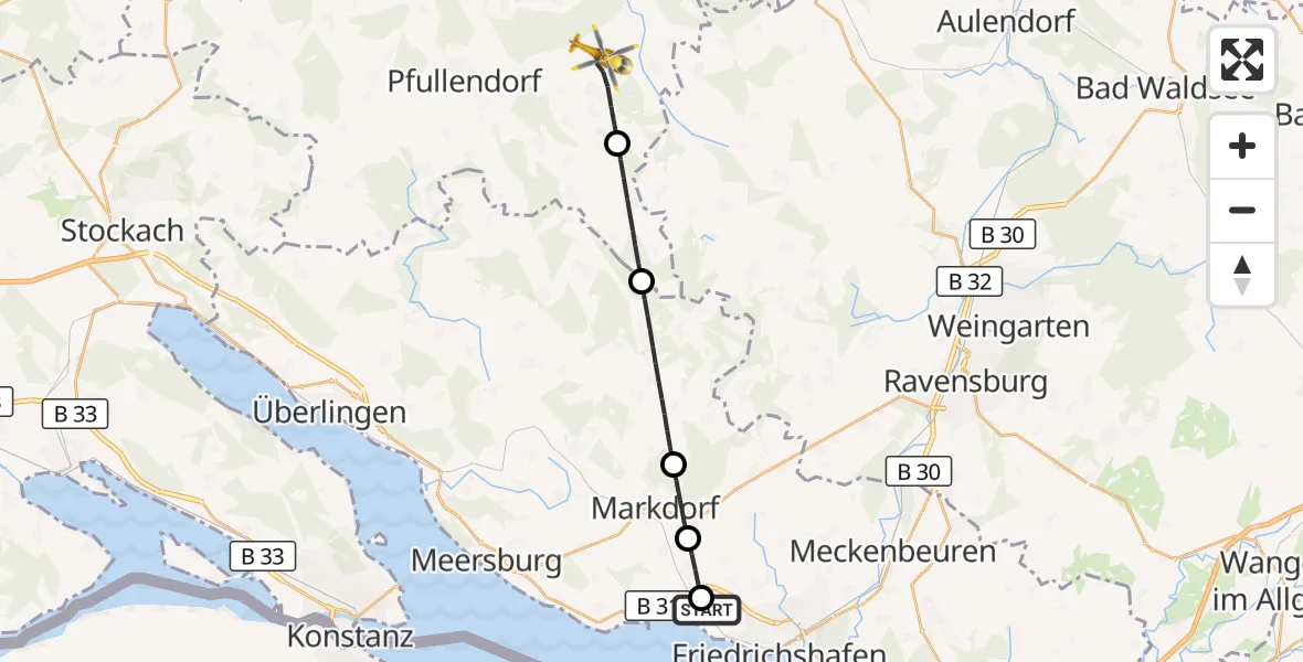 Flugroute Rettungshubschrauber Friedrichshafen Hospital - Ostrach, 11 April 2026, 14:06