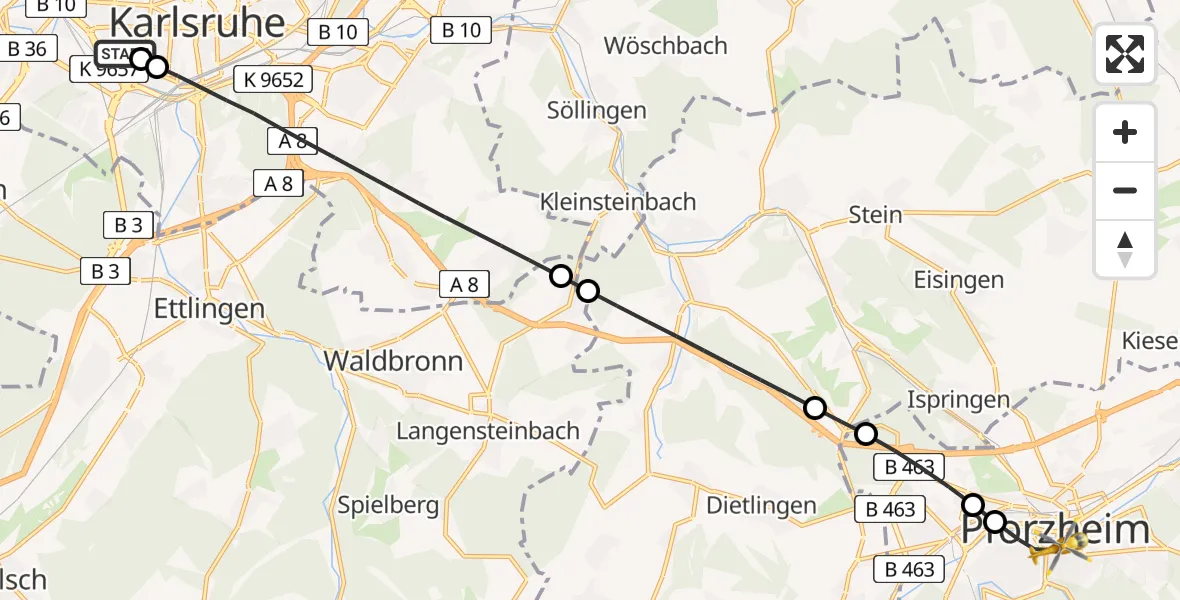 Flugroute Rettungshubschrauber Sankt Vincentius Hospital - Pforzheim, 11 April 2026, 14:07