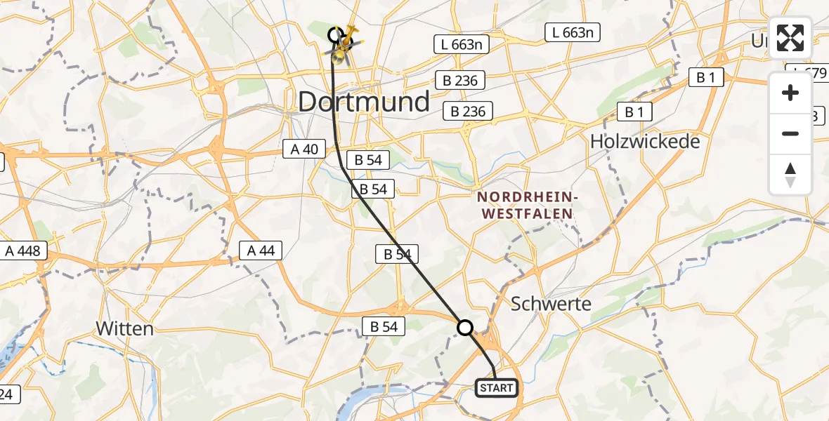 Flugroute Rettungshubschrauber Schwerte - Dortmund Hospital North, 11 April 2026, 14:13