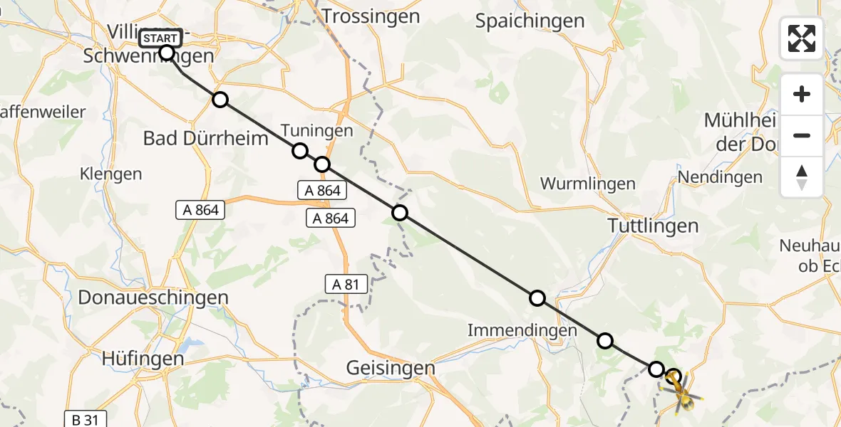 Flugroute Rettungshubschrauber DRF Air Rescue Station Villingen-Schwenningen Hubschrauberlandeplatz (Christoph 11) - Emmingen-Liptingen, 11 April 2026, 14:15