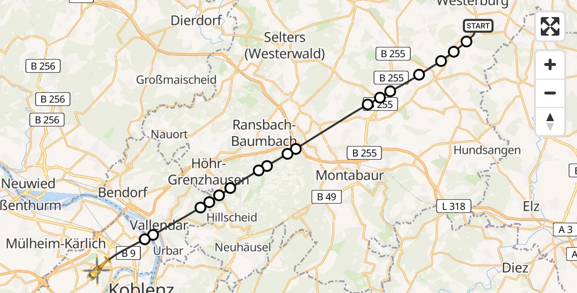 Flugroute Rettungshubschrauber Willmenrod - Koblenz, 11 April 2026, 14:17