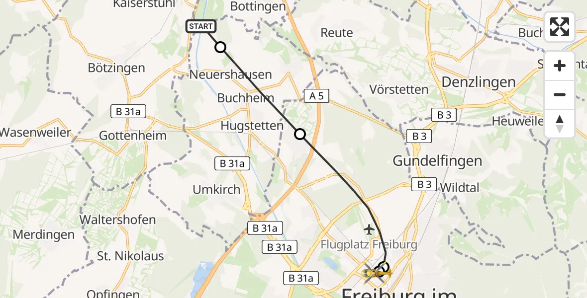 Flugroute Rettungshubschrauber Teningen - Freiburg University Hospital Heliport 1, 11 April 2026, 14:22