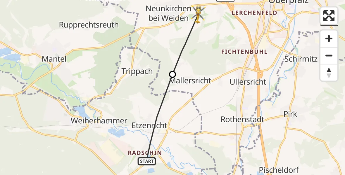 Flugroute Rettungshubschrauber Etzenricht - Weiden i.d.OPf., 11 April 2026, 14:22