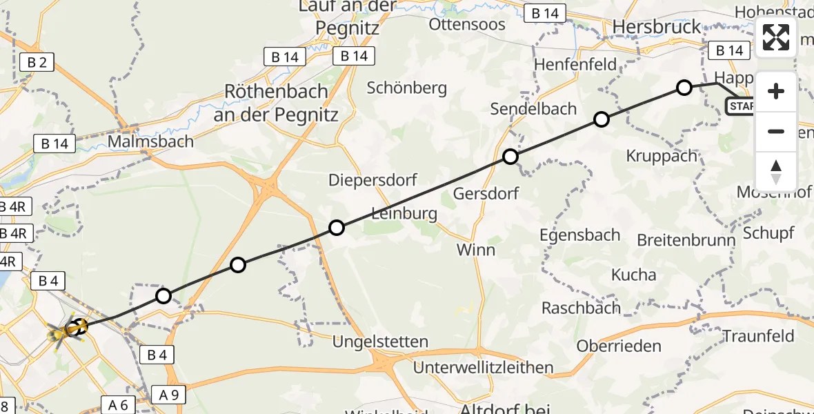 Flugroute Rettungshubschrauber Happurg - Nürnberg South Hospital, 11 April 2026, 14:22