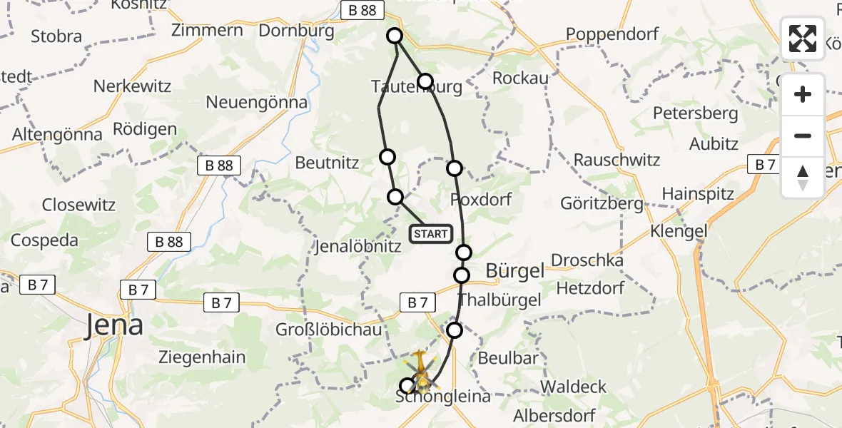 Flugroute Rettungshubschrauber Graitschen b.Bürgel - Jena-Schöngleina Flugplatz, 11 April 2026, 14:35