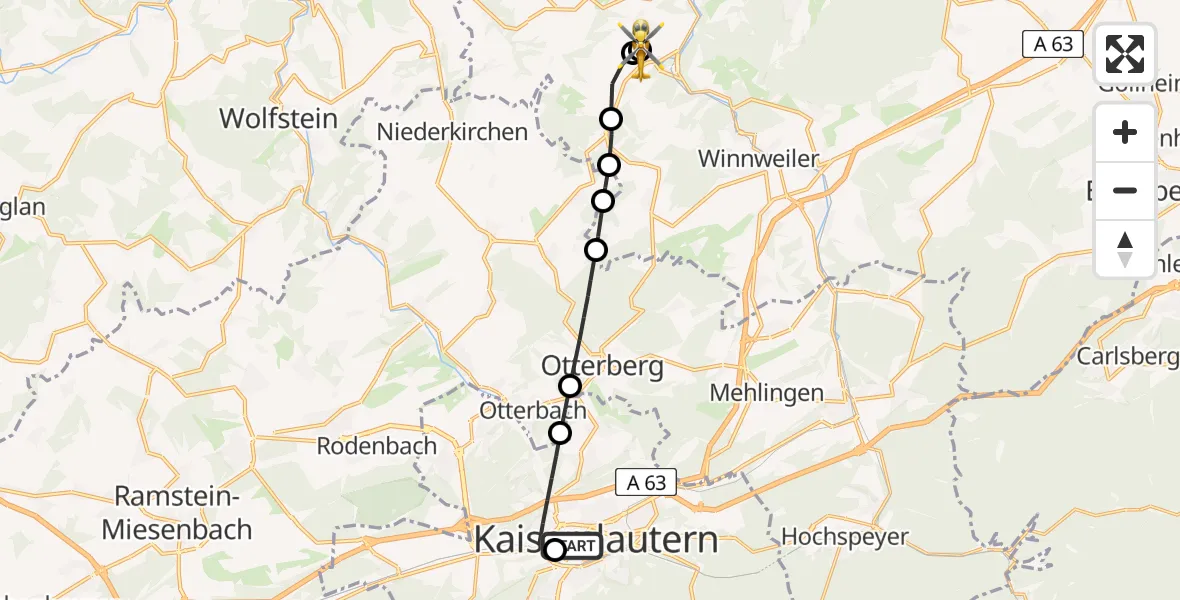 Flugroute Rettungshubschrauber Westpfalz Hospital Kaiserslautern - Imsweiler UL, 11 April 2026, 14:36