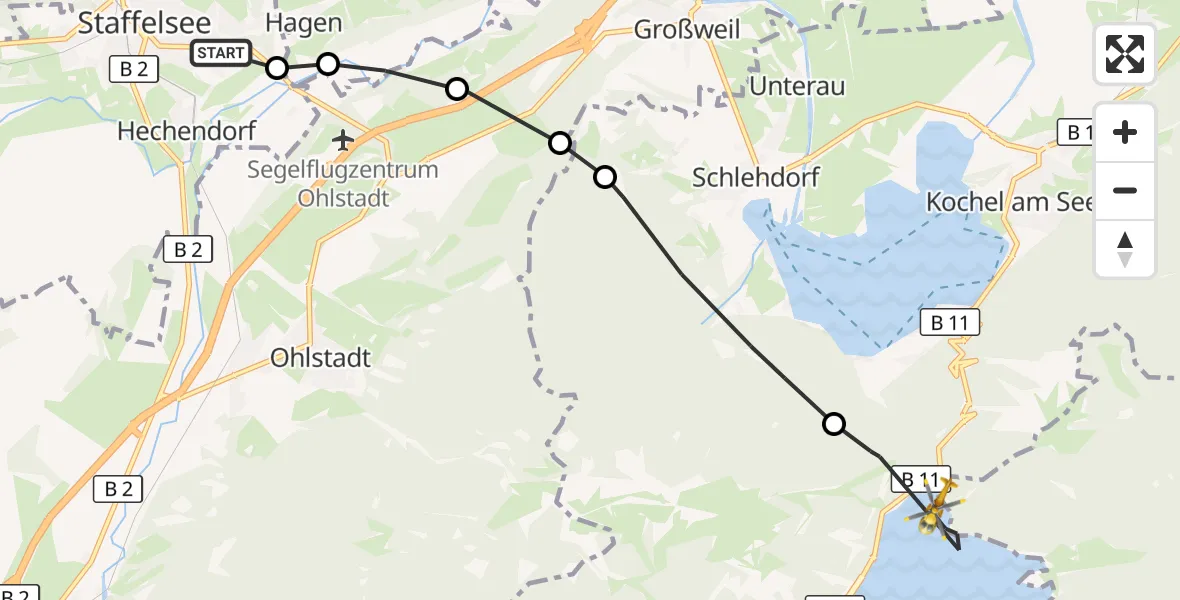 Flugroute Rettungshubschrauber Murnau Accident Hospital - Kochel a.See, 11 April 2026, 14:37