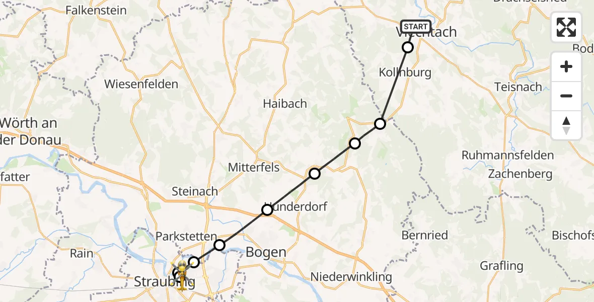 Flugroute Rettungshubschrauber Viechtach - Sankt Elisabeth Hospital Straubing, 11 April 2026, 14:40